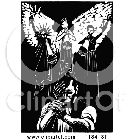 Clipart of Retro Vintage Black and White Abraham Lincoln Under Angels - Royalty Free Vector Illustration by Prawny Vintage