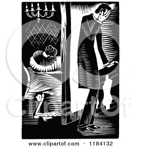Clipart of Retro Vintage Black and White Abraham Lincoln and Distraught Wife - Royalty Free Vector Illustration by Prawny Vintage