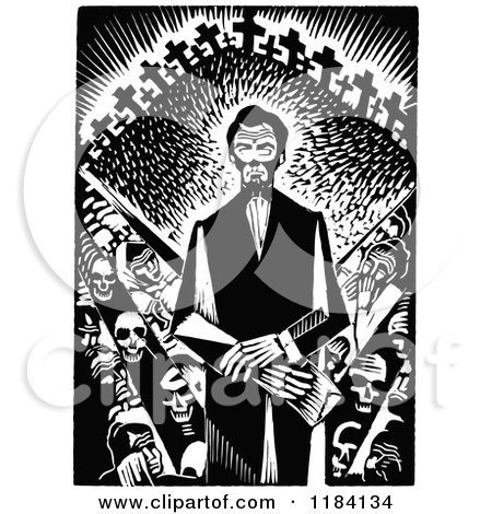 Clipart of Retro Vintage Black and White Abraham Lincoln with Crosses and Skeletons - Royalty Free Vector Illustration by Prawny Vintage
