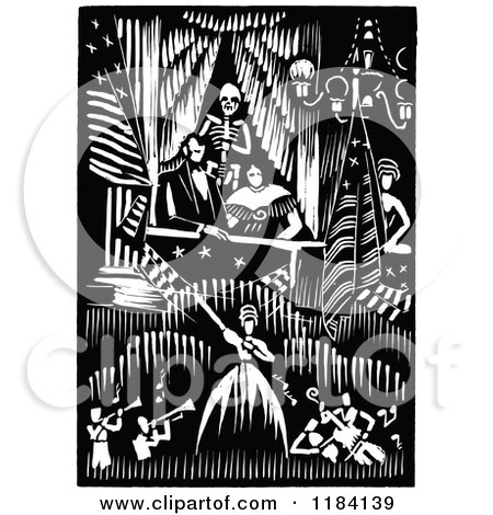 Clipart of a Retro Vintage Black and White Skeleton Behind Abraham Lincoln at the Theater - Royalty Free Vector Illustration by Prawny Vintage