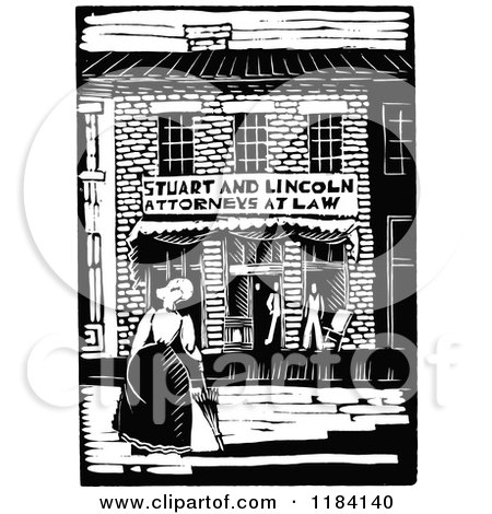 Clipart of Retro Vintage Black and White Abraham Lincoln and Stuart Attorney Building - Royalty Free Vector Illustration by Prawny Vintage