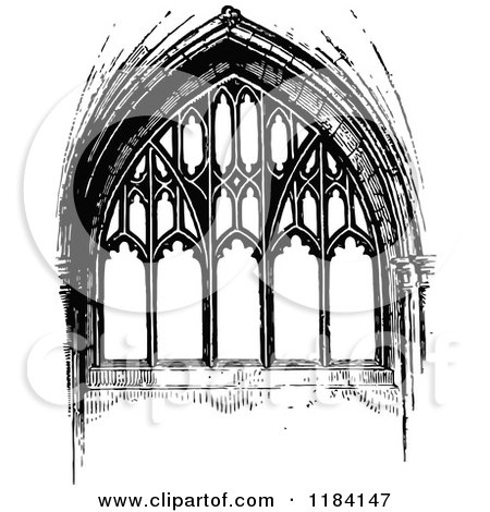 Clipart of a Retro Vintage Black and White Ornate Church Window - Royalty Free Vector Illustration by Prawny Vintage