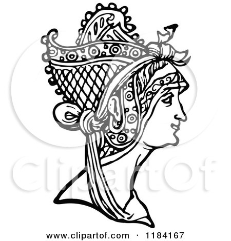 Clipart of a Retro Vintage Black and White Medieval Woman and Headdress - Royalty Free Vector Illustration by Prawny Vintage