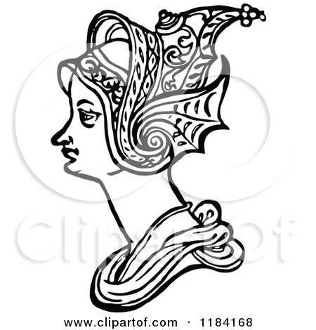 Clipart of a Retro Vintage Black and White Medieval Woman and Headdress 8 - Royalty Free Vector Illustration by Prawny Vintage