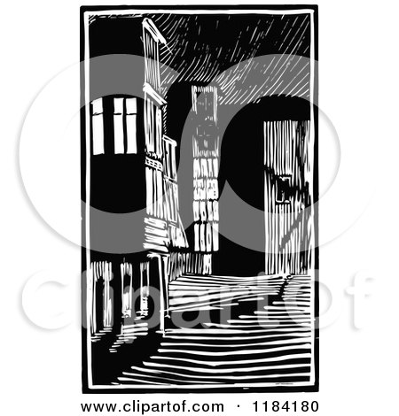 Clipart of a Retro Vintage Black and White Architectural Alley - Royalty Free Vector Illustration by Prawny Vintage