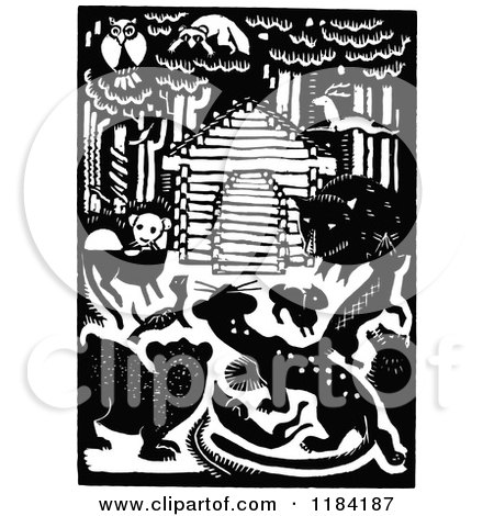 Clipart of a Retro Vintage Black and White Cabin and Forest Creatures - Royalty Free Vector Illustration by Prawny Vintage