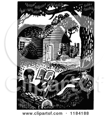 Clipart of a Retro Vintage Black and White Man Reading by His Cabin - Royalty Free Vector Illustration by Prawny Vintage
