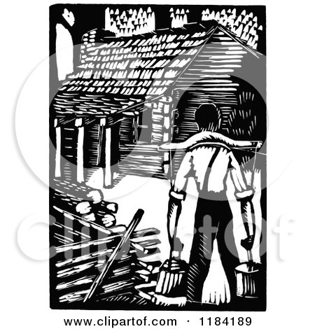 Clipart of a Retro Vintage Black and White Man Carrying Water to a Cabin - Royalty Free Vector Illustration by Prawny Vintage