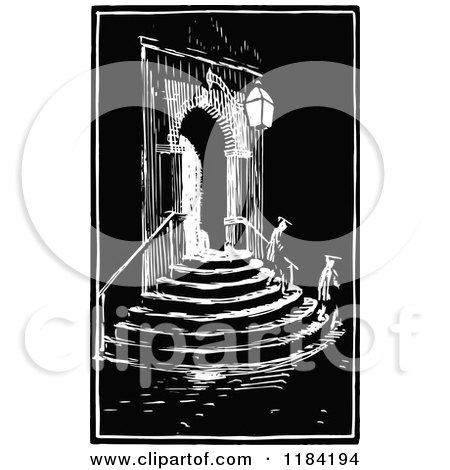 Clipart of a Retro Vintage Black and White Architectural Entry with People on Stairs - Royalty Free Vector Illustration by Prawny Vintage