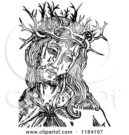 Clipart of Retro Vintage Black and White Jesus Christ and Crown of Thorns - Royalty Free Vector Illustration by Prawny Vintage