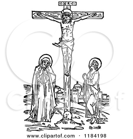 Clipart of a Retro Vintage Black and White Christ Crucified - Royalty Free Vector Illustration by Prawny Vintage
