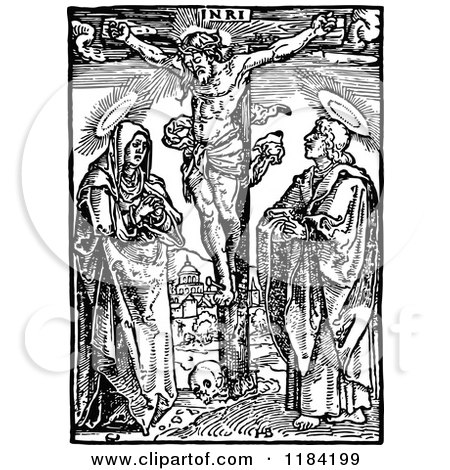 Clipart of a Retro Vintage Black and White Christ Crucified with a Border - Royalty Free Vector Illustration by Prawny Vintage