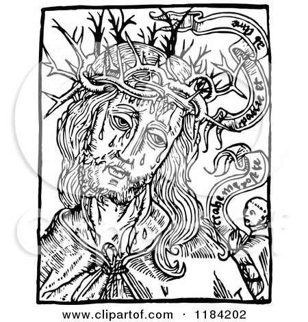 Clipart of Retro Vintage Black and White Jesus Christ and Crown of Thorns with a Border - Royalty Free Vector Illustration by Prawny Vintage