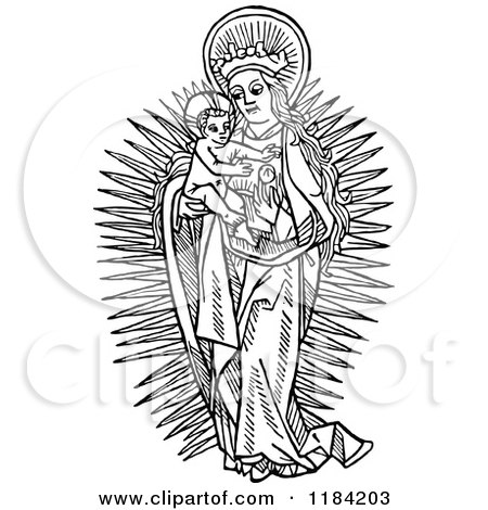 Clipart of Retro Vintage Black and White Mary Holding Baby Jesus - Royalty Free Vector Illustration by Prawny Vintage