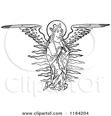 Clipart of a Black and White Angel with Spanned Wings - Royalty Free Vector Illustration by Prawny Vintage