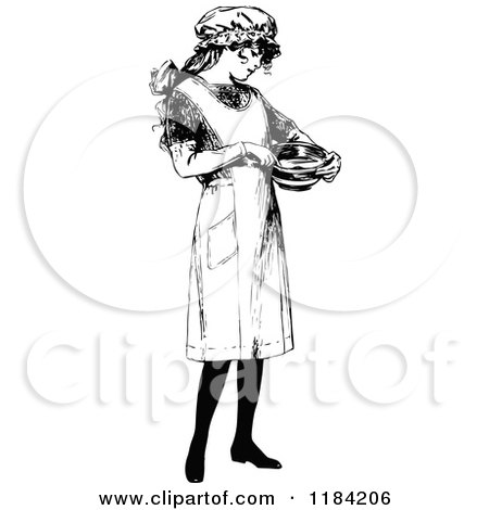 Clipart of a Retro Vintage Black and White Girl in an Apron, Holding a Bowl - Royalty Free Vector Illustration by Prawny Vintage