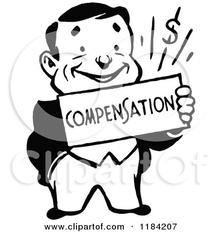 Clipart of a Retro Black and White Man Holding a Compensation Sign - Royalty Free Vector Illustration by Prawny Vintage