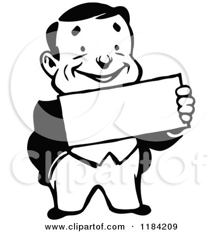 Clipart of a Retro Black and White Man Holding a Sign - Royalty Free Vector Illustration by Prawny Vintage