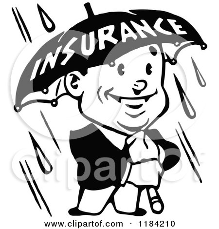 Clipart of a Retro Black and White Man Holding an Insurance Umbrella in the Rain - Royalty Free Vector Illustration by Prawny Vintage