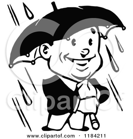 Clipart of a Retro Black and White Man Holding an Umbrella in the Rain - Royalty Free Vector Illustration by Prawny Vintage