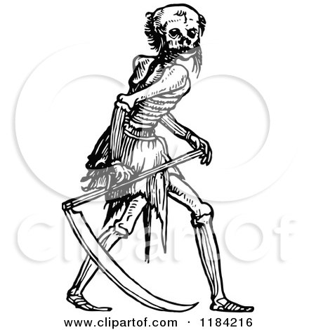Clipart of a Retro Vintage Black and White Skeleton Grim Reaper and Scythe - Royalty Free Vector Illustration by Prawny Vintage