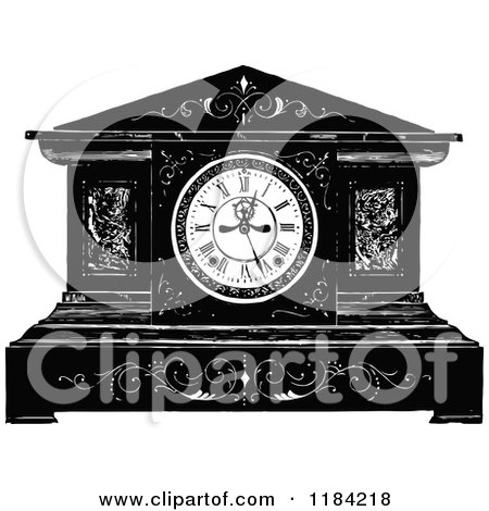 Clipart of a Retro Vintage Black and White Mantle Clock - Royalty Free Vector Illustration by Prawny Vintage
