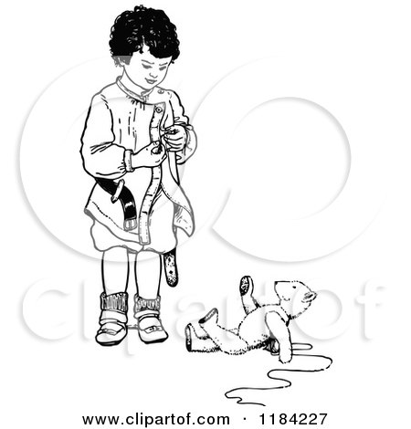 Clipart of a Retro Vintage Black and White Boy Standing over a Teddy Bear - Royalty Free Vector Illustration by Prawny Vintage
