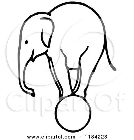 Clipart of a Sketched Black and White Elephant on a Ball - Royalty Free Vector Illustration by Prawny Vintage