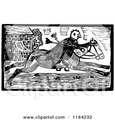 Clipart of Retro Vintage Black and White John Gilpin on Horseback 3 - Royalty Free Vector Illustration by Prawny Vintage