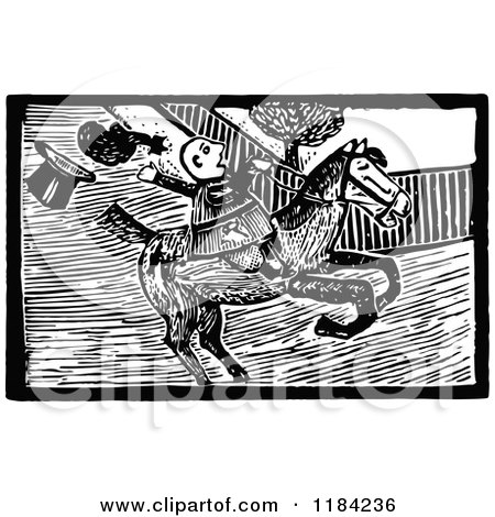 Clipart of Retro Vintage Black and White John Gilpin on Horseback 6 - Royalty Free Vector Illustration by Prawny Vintage