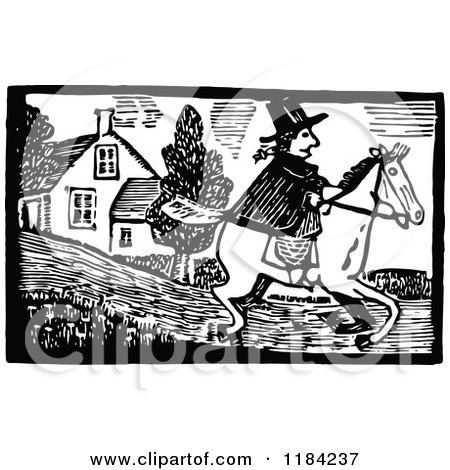 Clipart of Retro Vintage Black and White John Gilpin on Horseback - Royalty Free Vector Illustration by Prawny Vintage
