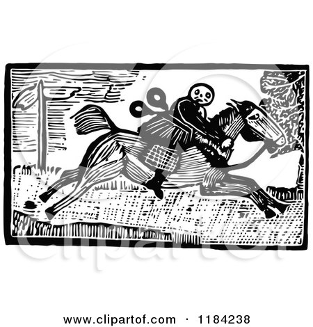 Clipart of Retro Vintage Black and White John Gilpin on Horseback 2 - Royalty Free Vector Illustration by Prawny Vintage