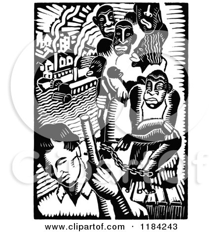 Clipart of a Retro Vintage Black and White Man and Slaves - Royalty Free Vector Illustration by Prawny Vintage