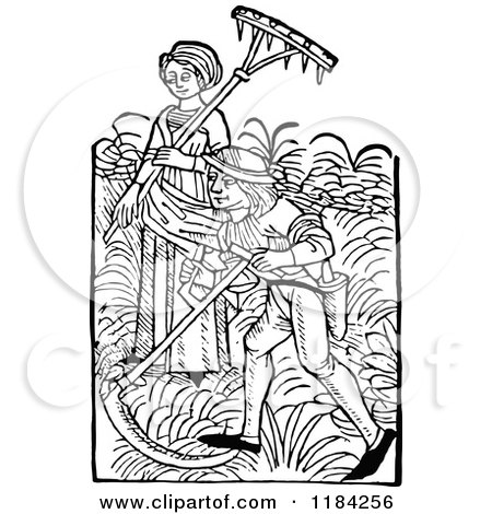 Clipart of Retro Vintage Black and White Peasant Workers with Farm Tools - Royalty Free Vector Illustration by Prawny Vintage