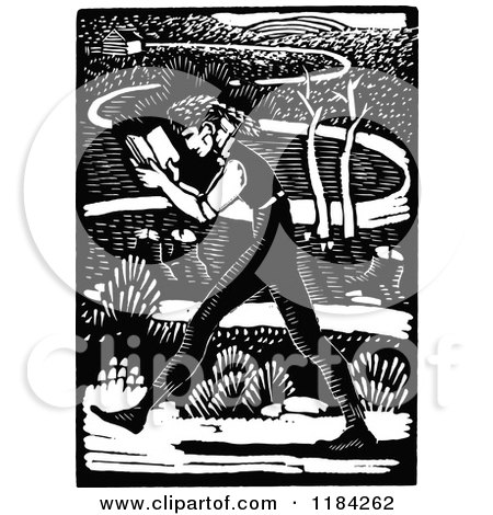Clipart of a Retro Vintage Black and White Man Reading and Walking on a Path at the Same Time - Royalty Free Vector Illustration by Prawny Vintage