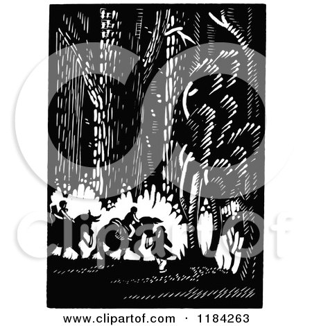 Clipart of a Retro Vintage Black and White Group Riding Through the Woods on Horses - Royalty Free Vector Illustration by Prawny Vintage