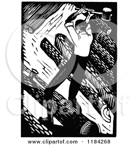 Clipart of a Retro Vintage Black and White Man Splitting Rails - Royalty Free Vector Illustration by Prawny Vintage