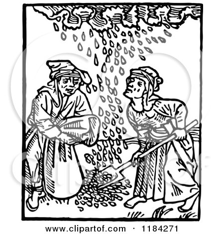 Clipart of Retro Vintage Black and White Medieval Peasants Gathering Seeds Falling from the Sky - Royalty Free Vector Illustration by Prawny Vintage