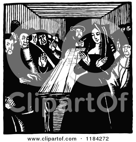 Clipart of a Retro Vintage Black and White Medieval Scene with People Around a Table - Royalty Free Vector Illustration by Prawny Vintage