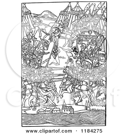 Clipart of a Retro Vintage Black and White Medieval Battle Scene - Royalty Free Vector Illustration by Prawny Vintage