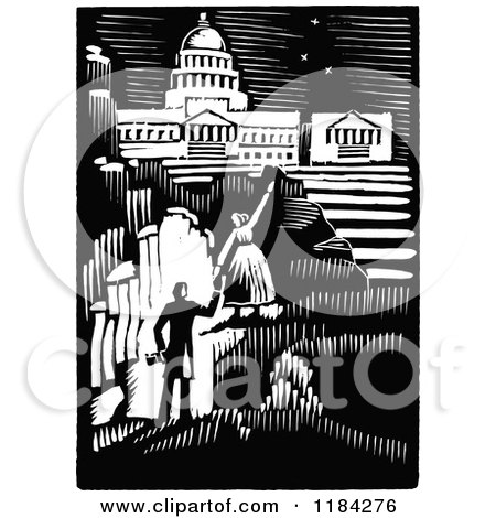 Clipart of a Retro Vintage Black and White Couple Iwth Aspirations and a Capitol Building - Royalty Free Vector Illustration by Prawny Vintage