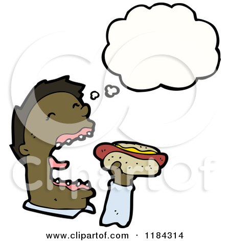 Cartoon of a Black Man Eating a Hotdog Thinking - Royalty Free Vector Illustration by lineartestpilot