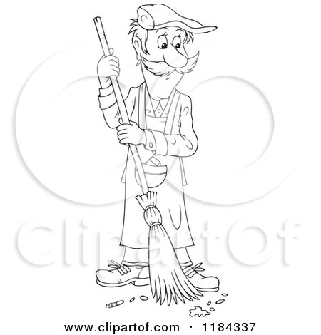 Cartoon of an Outlined Man Sweeping up Ashes and a Cigarette Butt - Royalty Free Vector Clipart by Alex Bannykh