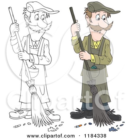 Cartoon of a Colored and Outlined Man Sweeping up Ashes and a Cigarette Butt - Royalty Free Vector Clipart by Alex Bannykh