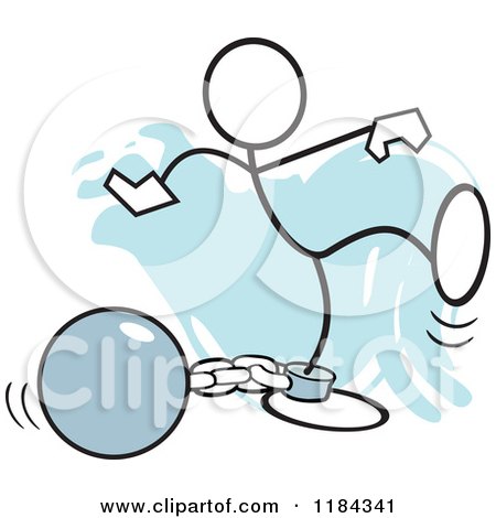 Cartoon of a Stickler Man Attached to a Ball and Chain over Blue - Royalty Free Vector Clipart by Johnny Sajem