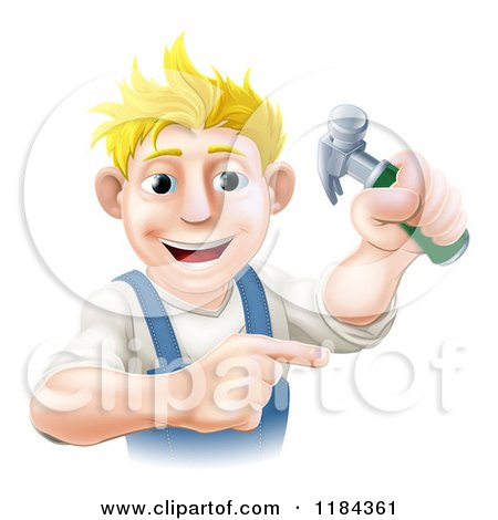 Cartoon of a Happy Blond Worker Man Holding a Hammer and Pointing - Royalty Free Vector Clipart by AtStockIllustration