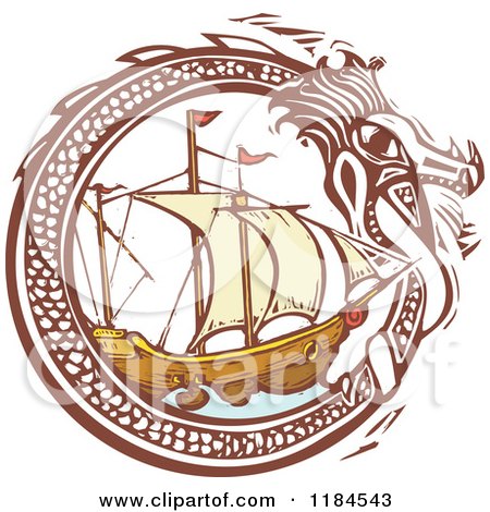 Clipart of a Dragon Circling a Ship Woodcut - Royalty Free Vector Illustration by xunantunich