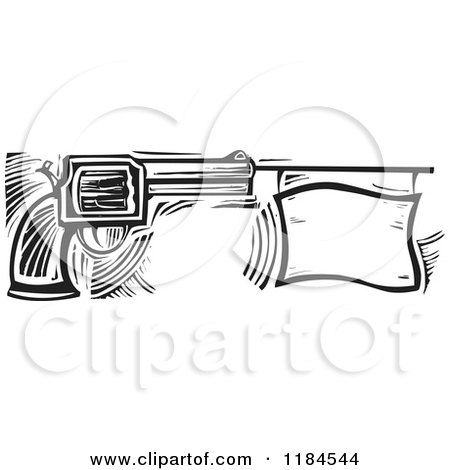 Clipart of a Revolver Pistol with a Bang Flag Black and White Woodcut - Royalty Free Vector Illustration by xunantunich
