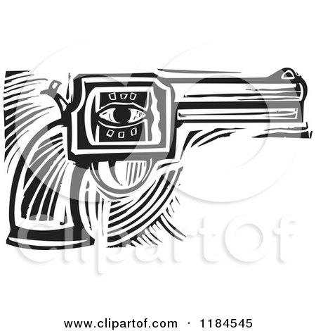 Clipart of a Revolver Pistol with an Eye Black and White Woodcut - Royalty Free Vector Illustration by xunantunich