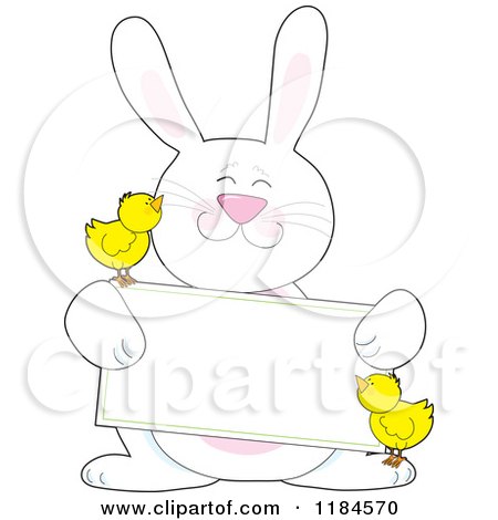 Cartoon of a Happy White Easter Bunny Holding a Sign with Two Chicks - Royalty Free Vector Clipart by Maria Bell